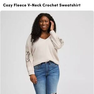 Torrid Beige V-Neck Sweatshirt with Lace Sleeves